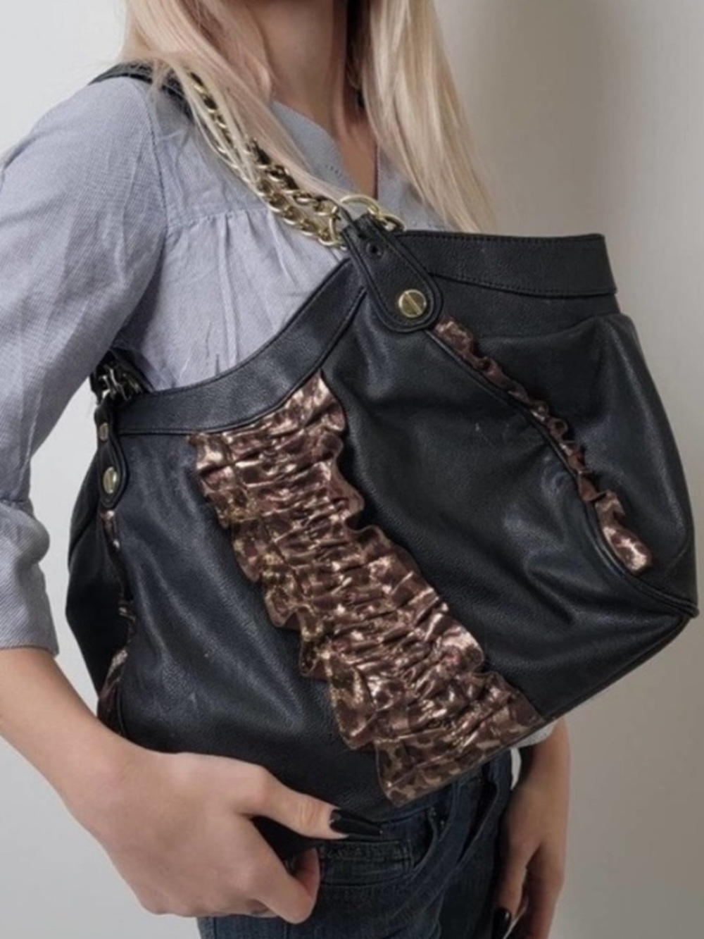 Betsey Johnson Black Leather Shoulder Bag with Bronze Ruffle Accent
